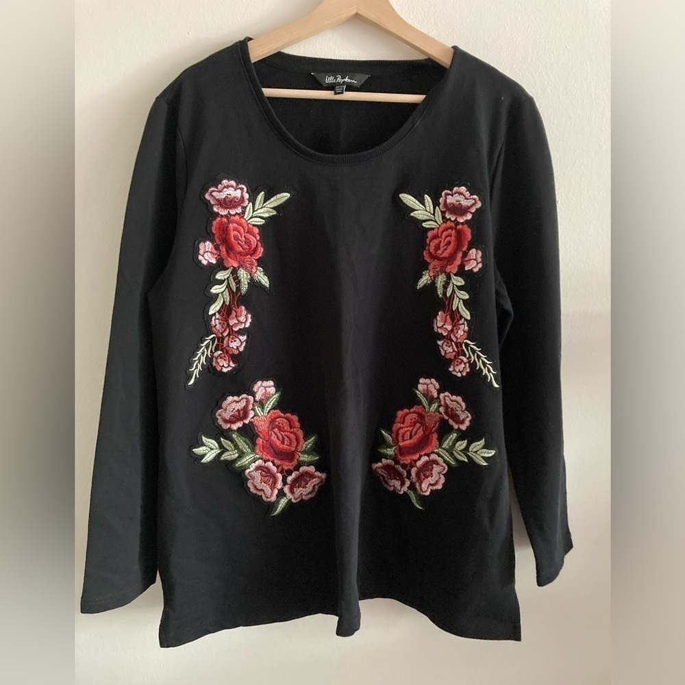 Ulla Popken Tunic Top XL 16 18 Black Embroidered Floral Cotton 3/4 Sleeves
